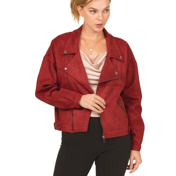 Jackets & Blazers - Chic Faux Suede Burgundy Moto Jacket